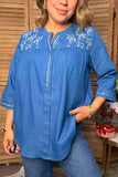 Western floral embroidery soft denim 3/4 sleeves women's boutique top Southern Stitch YDG17573