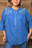 Western floral embroidery soft denim 3/4 sleeves women's boutique top Southern Stitch YDG17573
