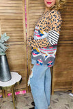 Western leopard & aztec & striped color block long sleeve women top YMY11637 ES1