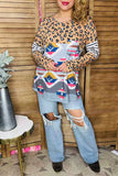 Western leopard & aztec & striped color block long sleeve women top YMY11637 ES1