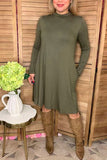 Solid olive green long sleeve dress w/pockets YMY11950-1 (AS15)