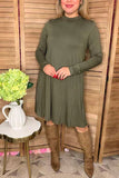 Solid olive green long sleeve dress w/pockets YMY11950-1 (AS15)