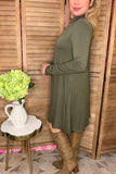 Solid olive green long sleeve dress w/pockets YMY11950-1 (AS15)