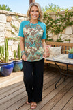 Western leopard cactus print & turquoise raglan sleeve women's boutique top YMY12498 (DS12)