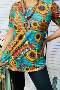 YMY12501 Sunflower & animal print turquoise short sleeve women top IS17