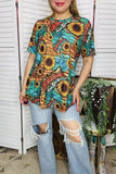 Western women t-shirt Sunflower & animal print turquoise w/short sleeve YMY12501 IS17