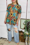 Western women t-shirt Sunflower & animal print turquoise w/short sleeve YMY12501 IS17