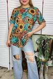 Western women t-shirt Sunflower & animal print turquoise w/short sleeve YMY12501 IS17