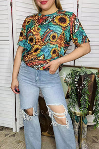 Western women t-shirt Sunflower & animal print turquoise w/short sleeve YMY12501 IS17