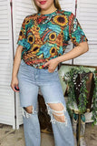 Western women t-shirt Sunflower & animal print turquoise w/short sleeve YMY12501 IS17