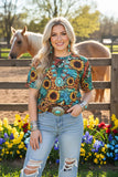 Western women t-shirt Sunflower & animal print turquoise w/short sleeve YMY12501 IS17