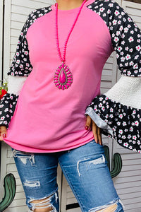 YMY13091 Pink & Floral bell sleeves women top