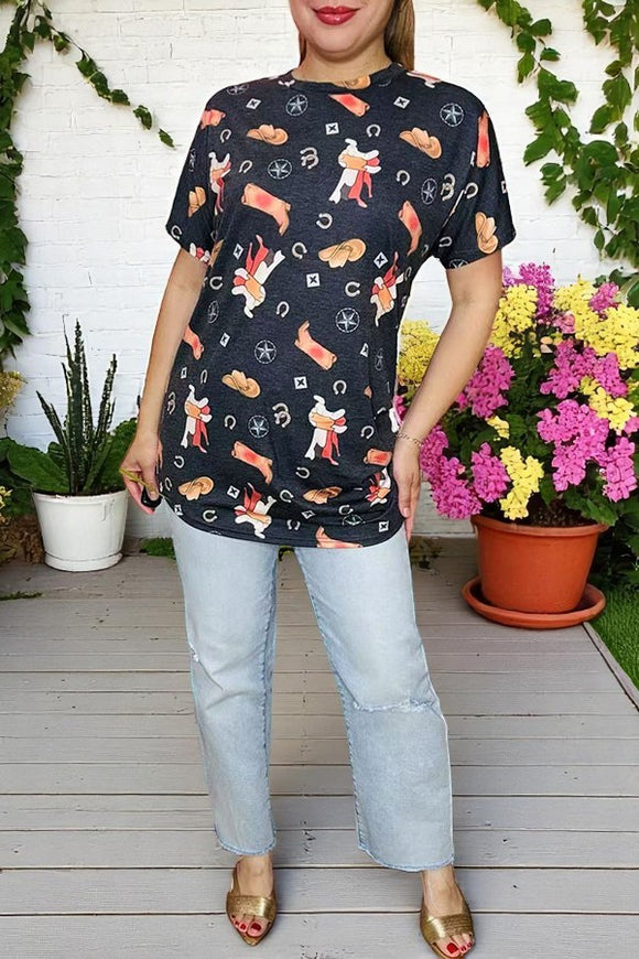 Plus western t-shirt Boots printed wrinkle side with short sleeves grey women top YMY13805