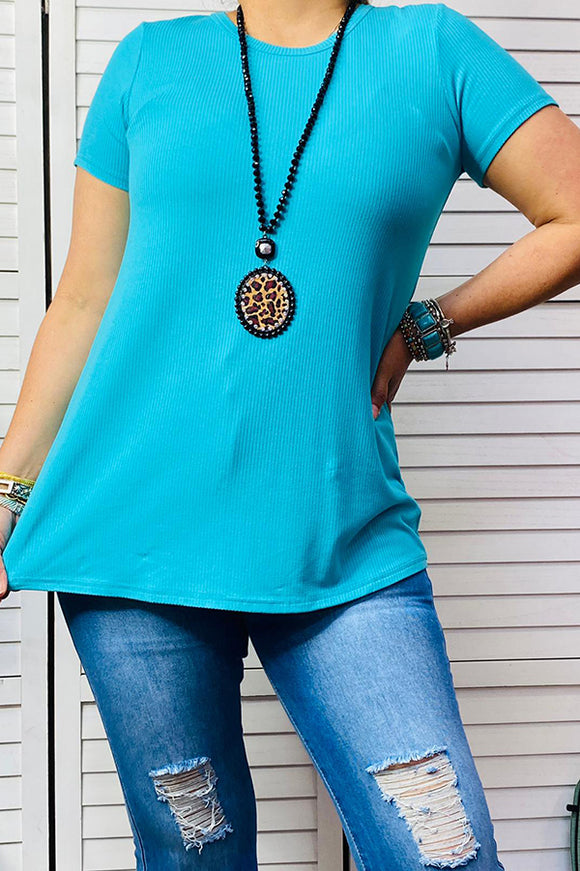 YMY14031-3 Turquoise jersey knit fabric short sleeve women top