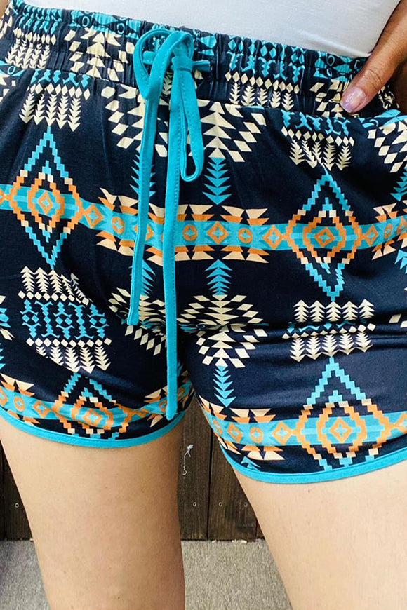 YMY14315 Turquoise Aztec printed women shorts w/adjustable waist strap