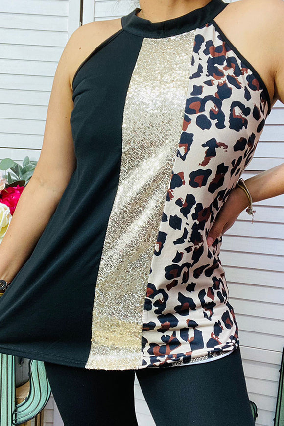 YMY14452 Black & Sequin & Leopard color block women top