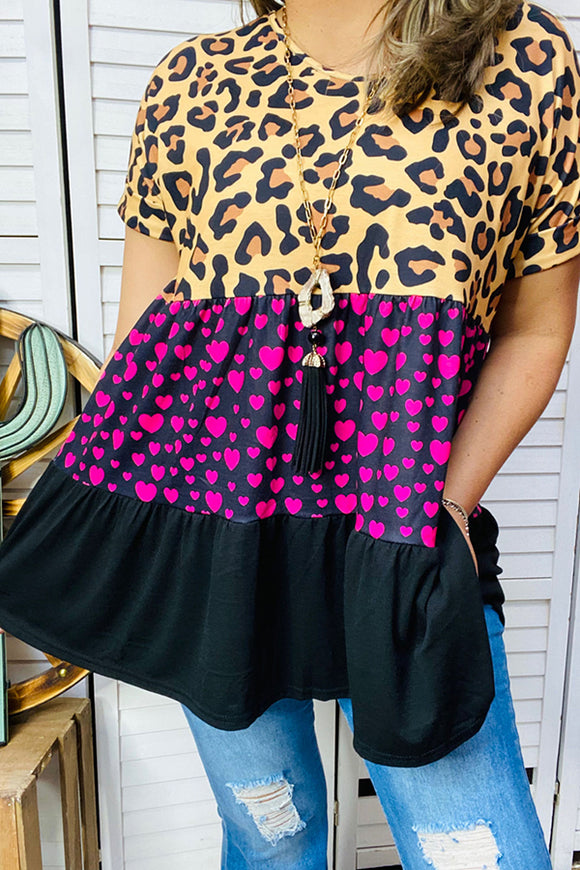 YMY14630 Leopard  & Heart print ,black short sleeve doll blouse