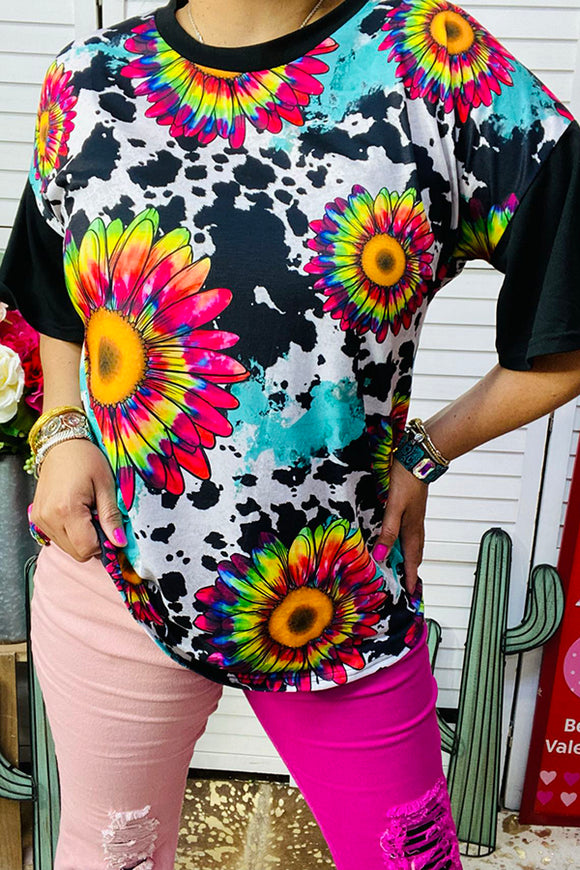 YMY14659 Multicolor sunflower & cow printed women top w/short sleeve