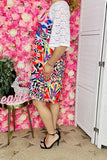 Women dress wholesale Floral printed white raglan lace short sleeve w/side pockets YMY15009