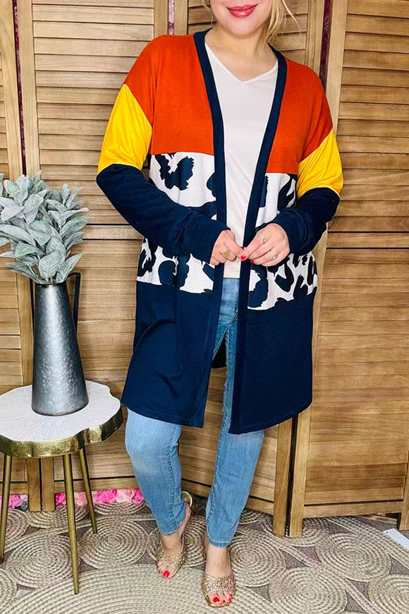Navy/yellow/brown & leopard color block women cardigan w/side pockets YMY15482 IS22