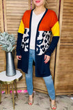 Navy/yellow/brown & leopard color block women cardigan w/side pockets YMY15482 IS22