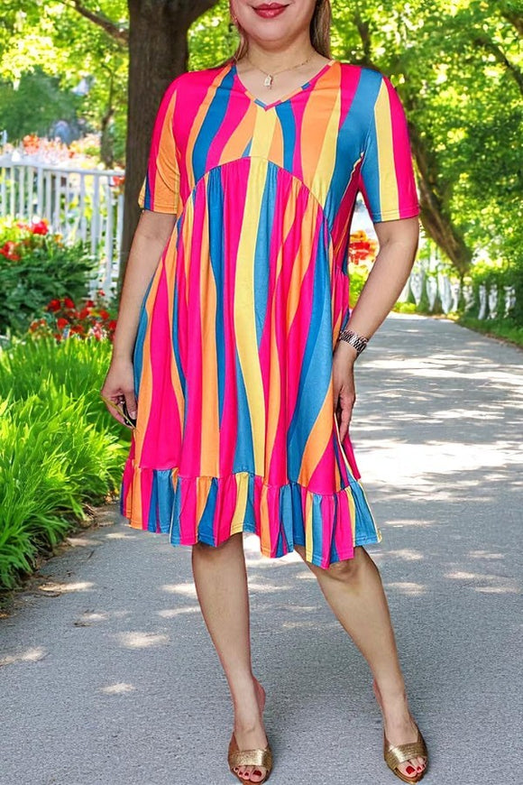 Wholesale women's dress Multicolor striped short sleeves & ruffle hem YMY16003