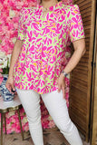 Women's blouse w/Fuchsia & Green patterns printed & puff short sleeves YMY16004 AS13