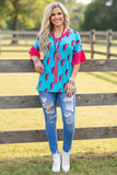 Western turquoise flash print fuchsia ruffle short sleeve women's boutique top YMY8795 (ES12)