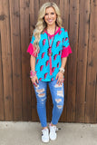 Western turquoise flash print fuchsia ruffle short sleeve women's boutique top YMY8795 (ES12)