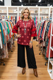 Western burgundy polka dot w/red ruffle 3/4 sleeve women's boutique top YMY9810-2 (FS8)