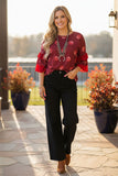 Western burgundy polka dot w/red ruffle 3/4 sleeve women's boutique top YMY9810-2 (FS8)