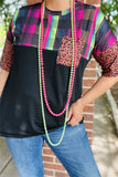 Plaid/purple leopard multi color black short sleeve women top YMY9947 CS11
