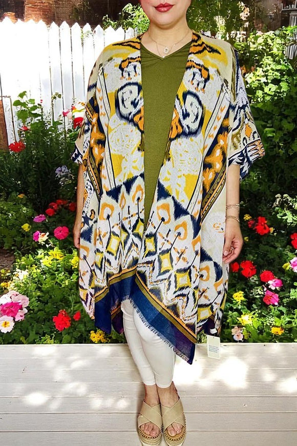 Western prints duster Yellow & blue multi printed kimono YZ161497