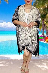 Ladies duster suppliers Navy blue paisley printed kimono w/tassels YZ170416