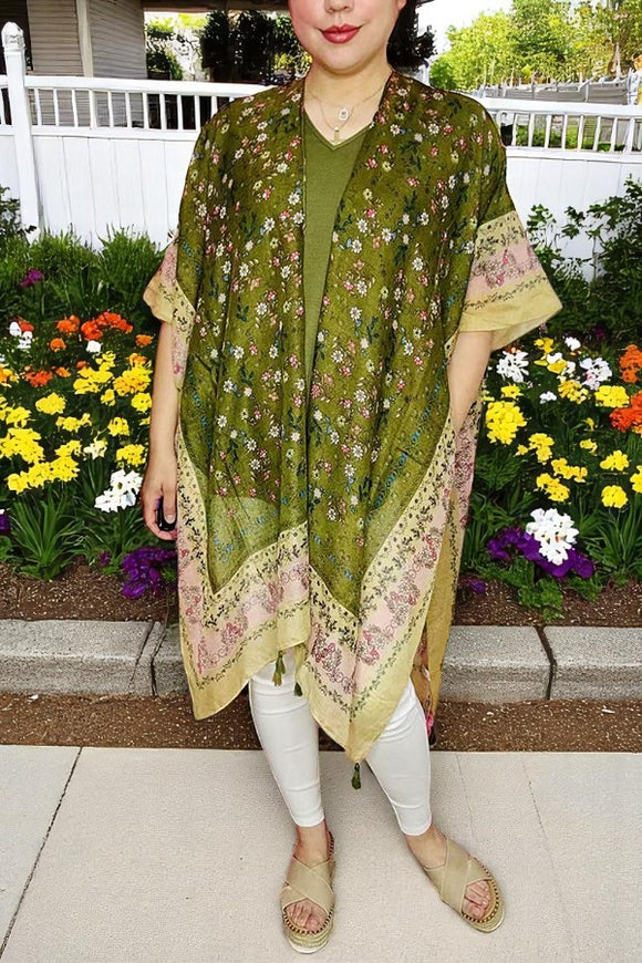 Floral duster wholesale Green floral printed kimono with/tassels YZ191003