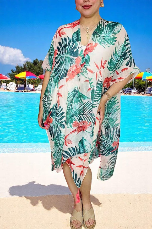 Women duster wholesaler Multi color palm leaf printed kimono w/tassels YZ192018