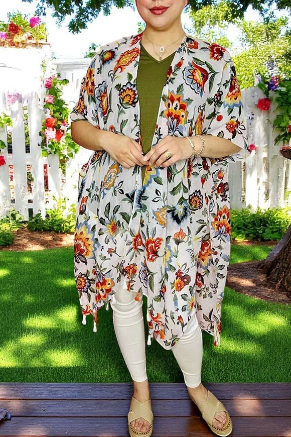 Spring duster wholesale Floral printed kimono w/tassels YZ213171