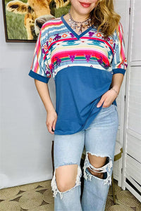 GJQ9673-3 Bull/Aztec& Blue block solid color printed short sleeve women top