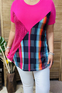 FW10361 Checked multi color printed solid fuchsia w/side red sequin women top( CS6)