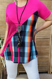FW10361 Checked multi color printed solid fuchsia w/side red sequin women top( CS6)