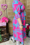 GJQ15990 Mint leaves printed the fuchsia women dress short sleeve w/side pockets &elastic waist band