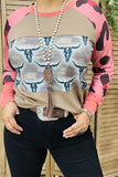 XCH14270 Bull & tan & pink leopard printed raglan sleeve women tops (DS9)