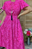 GJQ15908 Fuchsia leopard printed short sleeve w/ruffle women fuchsia dress