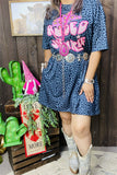 XCH14470 Hat pink graphic printed short sleeve w/side pockets women blue leopard dresses