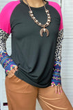 YMY14157 Black&fuchsia block  leopard and Aztec multi color printed long sleeve women tops(ES12)