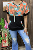 XCH9994 Cactus/Aztec orange multi color printed black block short sleeve women top w/front pocket(FS4)