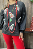 XCH15219 Santa Claus sequin patch in the black solid color long sleeve raglan design women blouse