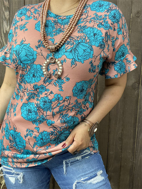 BQ11446 Blue floral printed ruffle short sleeves women tops