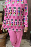 DLH15362 "Small people"printed long sleeve top &solid pink pants women pajamas sets