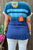 GJQ13517 Aztec &Striped multi color navy block printed w/sequin short sleeves women tops(ES12)